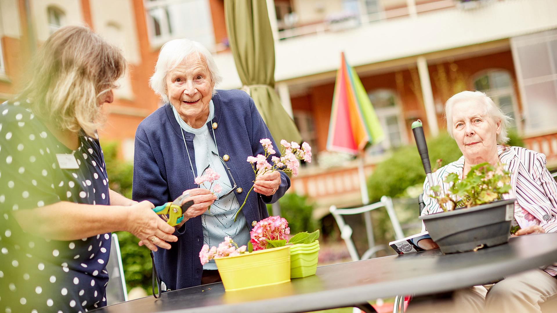 Eine Gruppe von älteren Damen und eine Alltagbetreuerin widmen sich der Gartenarbeit